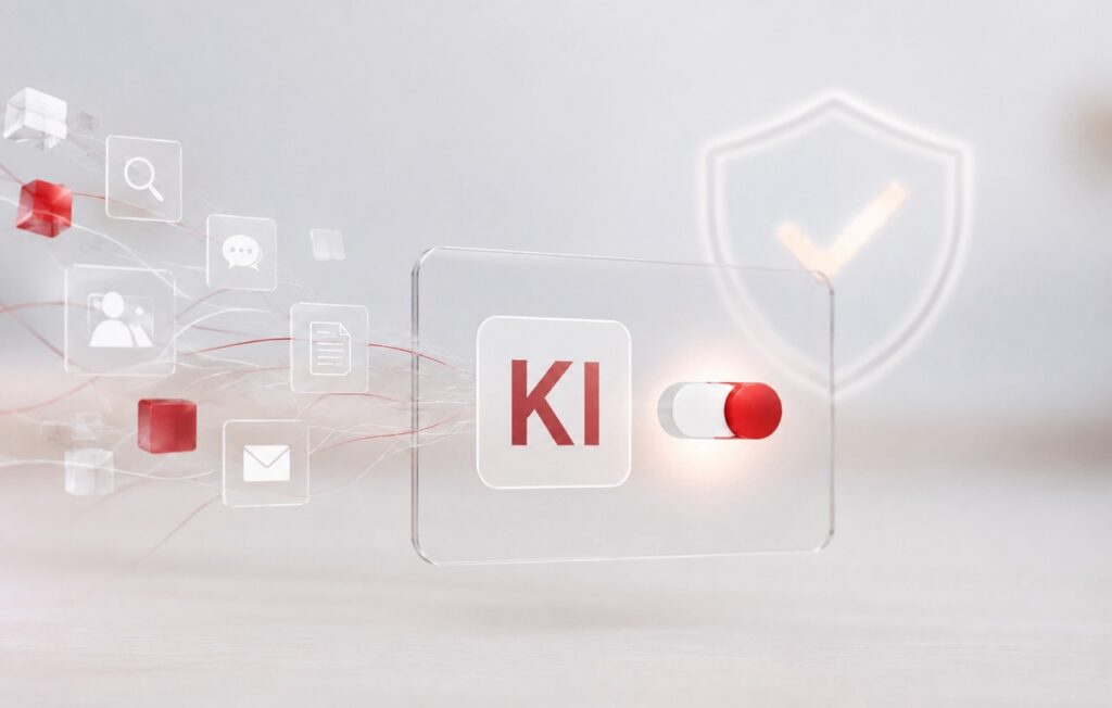 KI-Visualisierung mit Symbolen für Kommunikation, Dokumente und Datenschutz im Zusammenhang mit den Transparenzpflichten des EU AI Act.