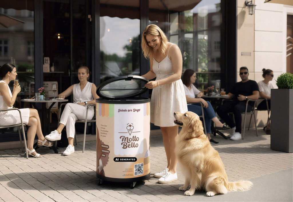 Frau öffnet eine Molto-Bello-Eistruhe für Hundeeis vor einem Café, während ein Golden Retriever daneben sitzt.
