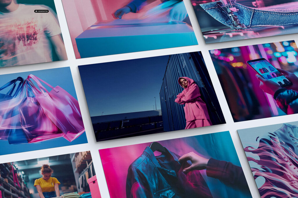 Collage mit Mode- und Logistikbildern von team4media entwickelt: Kleidungsstücke, Models, Verpackung und Online-Shopping-Motive in farbigem Licht.